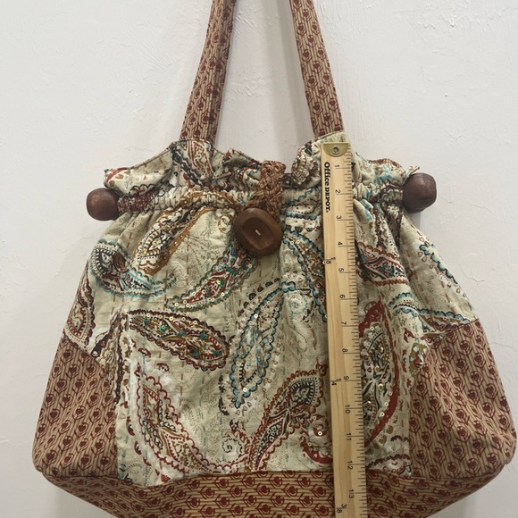 World Market Boho Cottagecore Paisley Wood Accents Satchel Handbag Purse - Picture 4 of 12